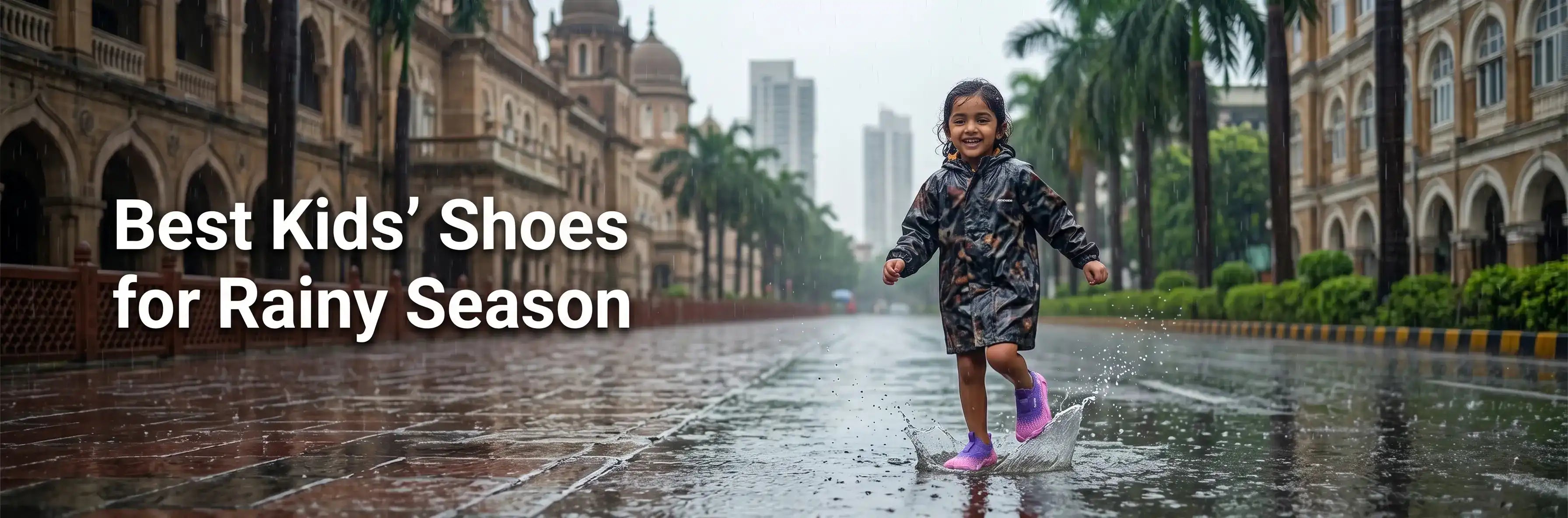A happy young girl in a rain jacket splashes in a puddle on a wet street in front of historic buildings and modern skyscrapers, wearing purple and pink water-resistant Aretto shoes.