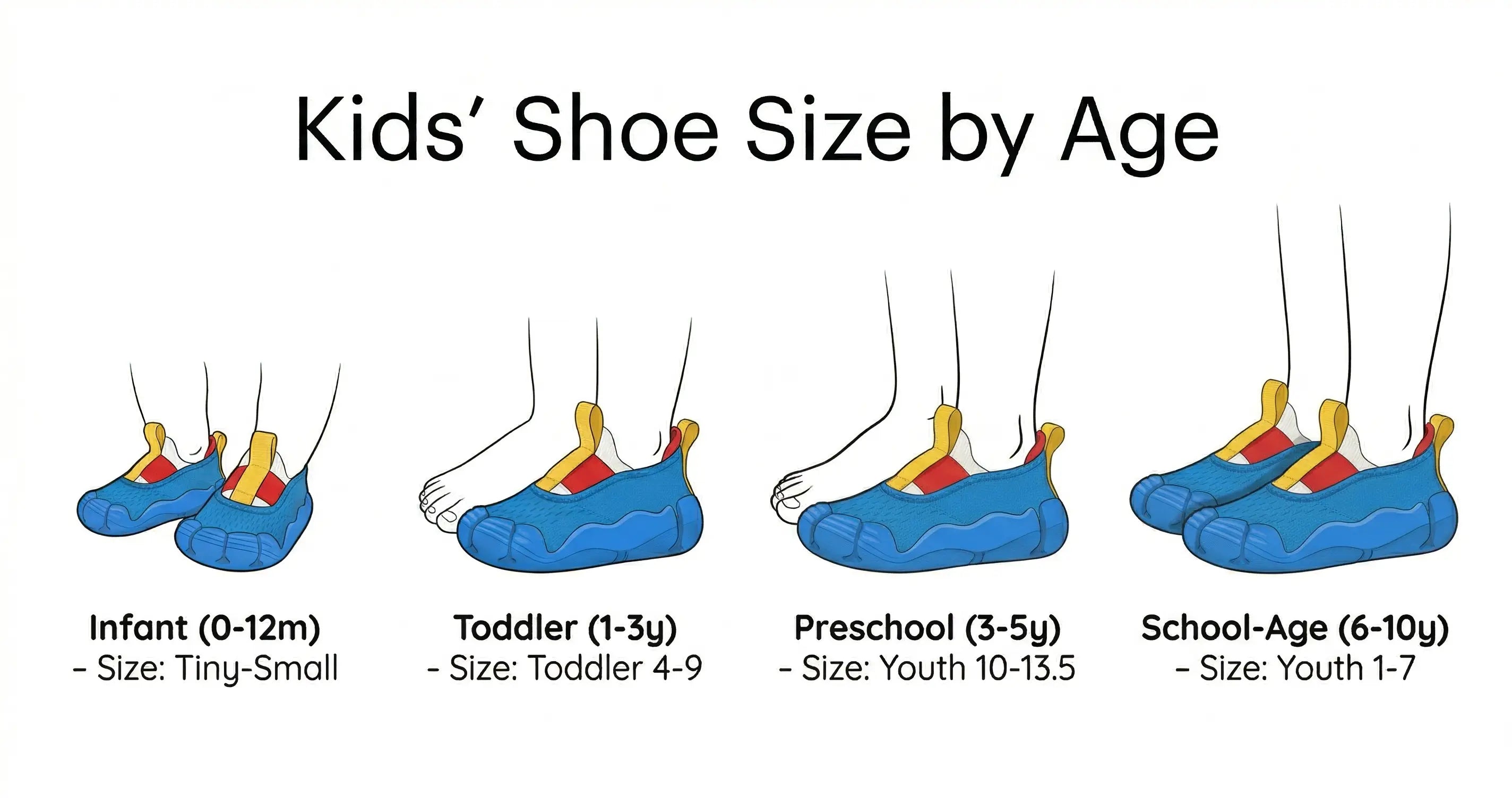 Children’s shoe size by age chart showing kids foot growth stages - Aretto