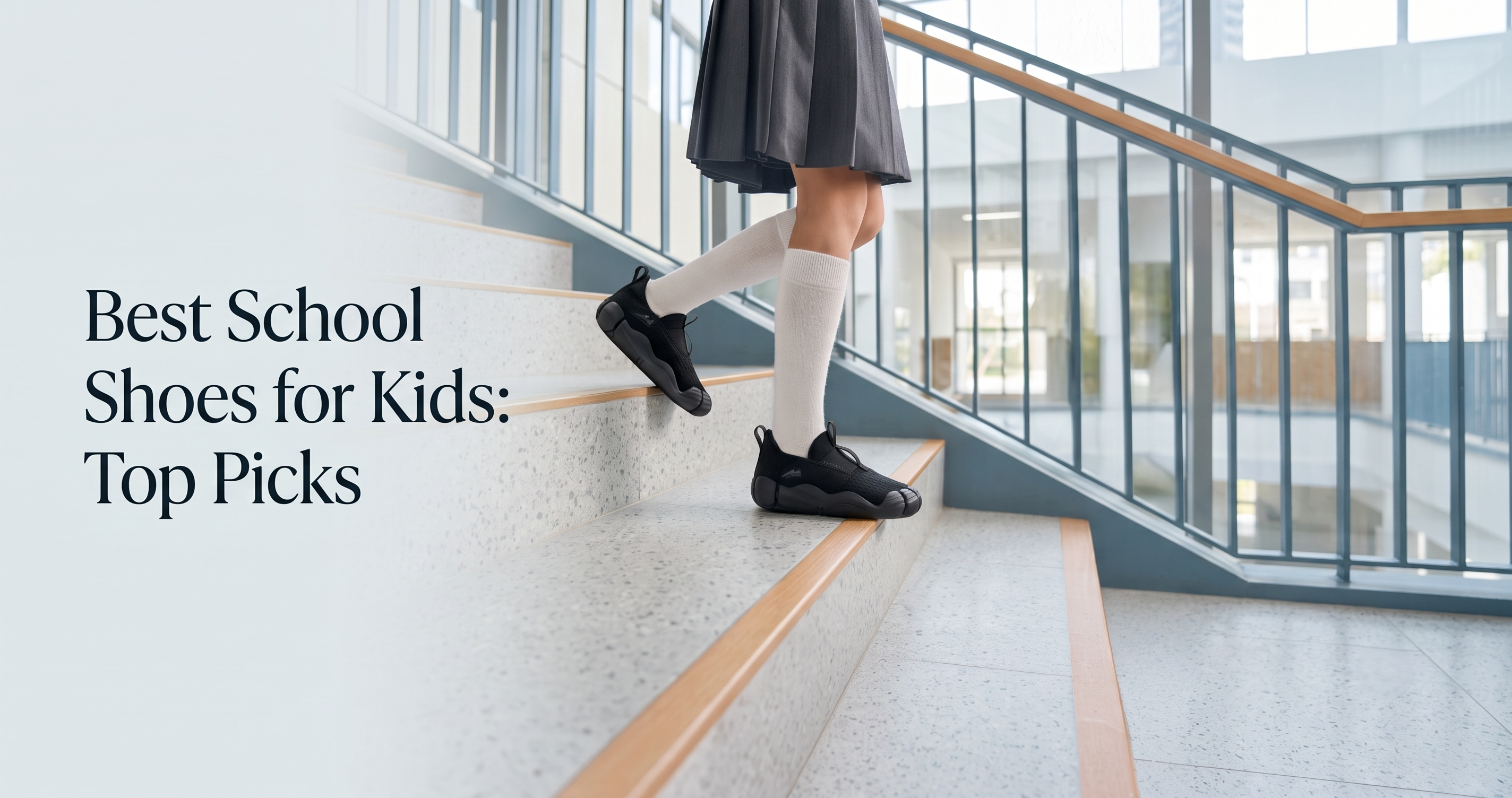 A child in a school uniform walking down modern stairs wearing Aretto black school shoes with an ergonomic barefoot design