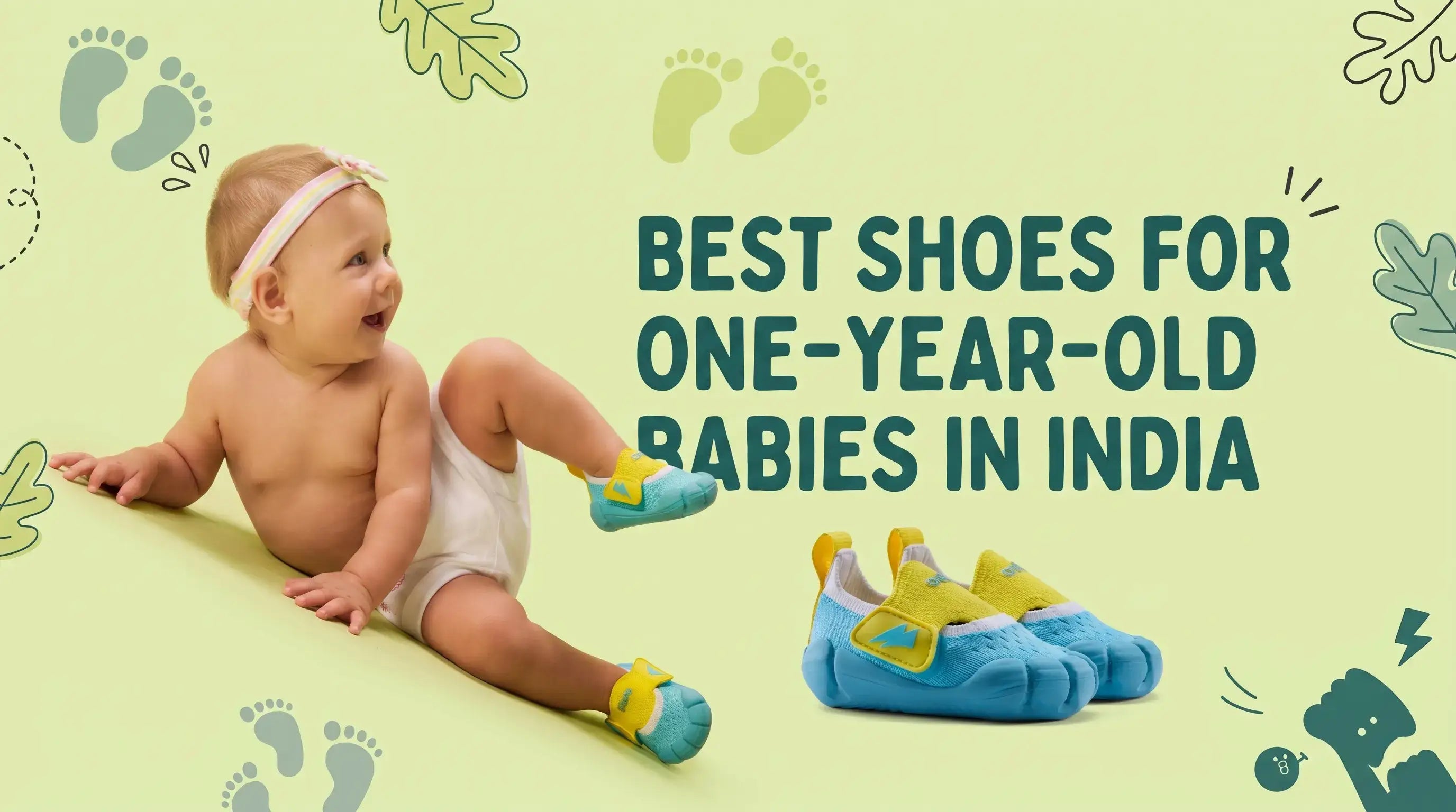 Image featuring a cute baby wearing blue and yellow Aretto shoes next to a product shot and headline text reading Best Shoes for One-Year-Old Babies in India.