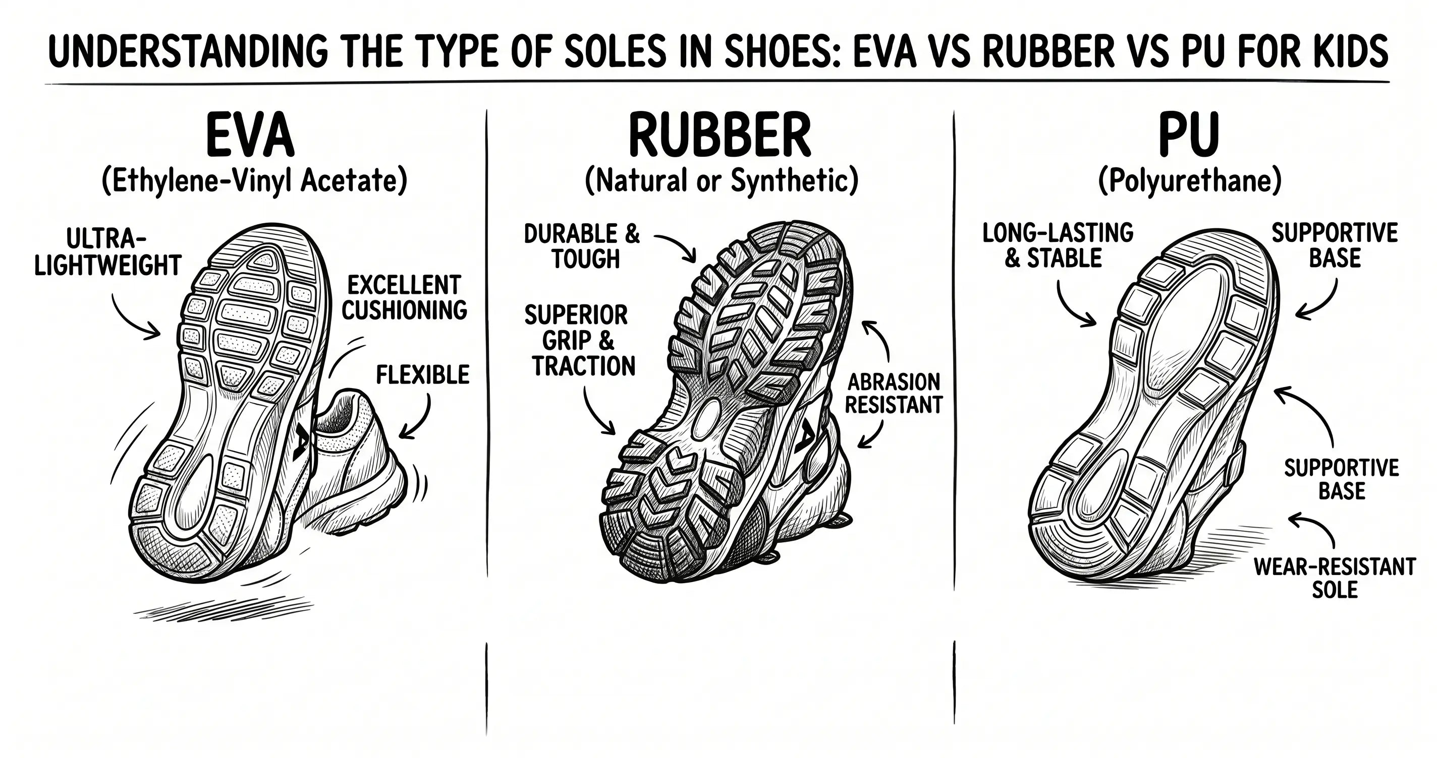 Understanding the Type of Soles in Shoes EVA vs Rubber vs PU for Kids - Aretto