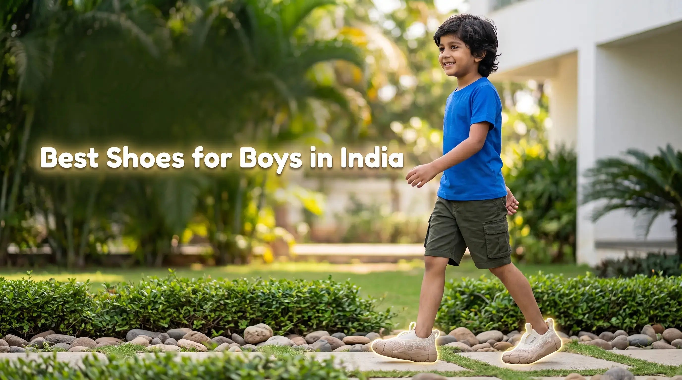 Young Indian boy walking outside wearing tan Aretto shoes, with glowing highlighted text reading Best Shoes for Boys in India.