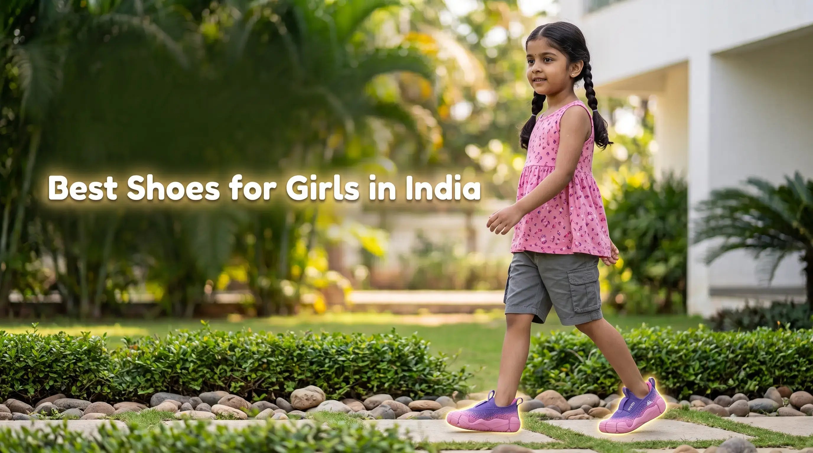 Young Indian girl walking outdoors wearing pink and purple Aretto shoes, with glowing highlighted text reading Best Shoes for Girls in India.
