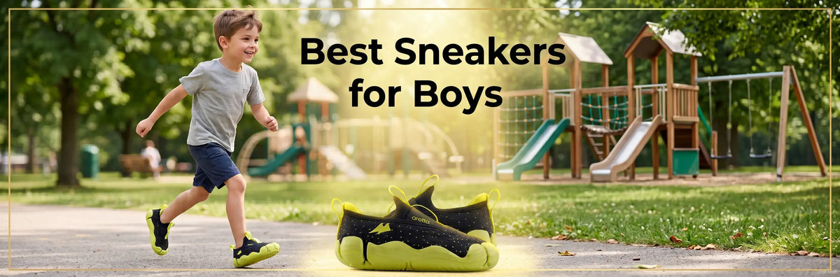 A young boy running at a playground wearing black and neon green Aretto sneakers, with a featured Aretto shoe highlighted in the center and the text 'Best Sneakers for Boys