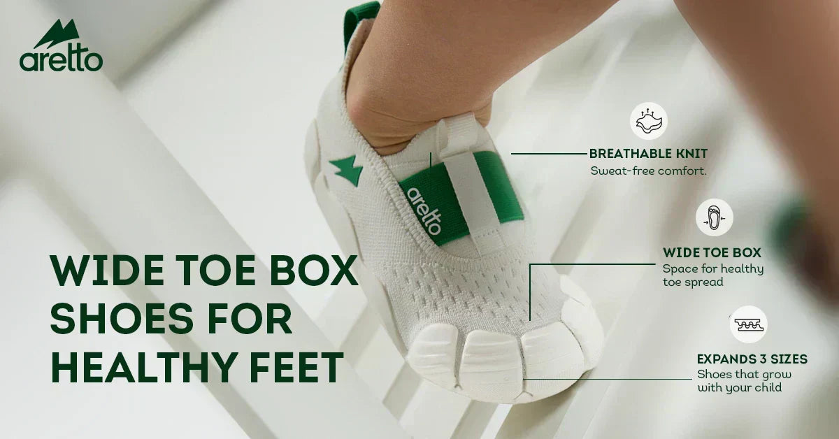 Kids wearing wide toe box shoes designed for healthy foot development