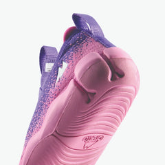 Close-up of Aretto Leaps Pixl pink and purple kids shoes showing the flexible knit material and brand logo S1 & S2