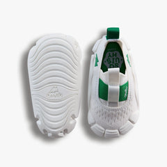 Top-down studio shot of a pair of Aretto shoes, showcasing the clean white knit upper alongside the flexible white outsole. (Sizes S1 & S2)