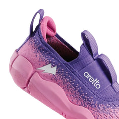Detailed view of the pink ergonomic sole and heel of Aretto Leaps Pixl children's shoes. S1 & S2
