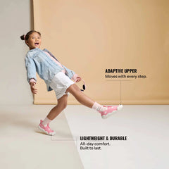 Infographic of a young child, featuring callouts for the zero-drop sole and the shoe's ability to grow up to three sizes. (Sizes S1 & S2)