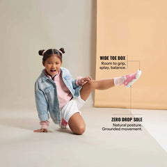 Infographic of a young girl, highlighting the lightweight, durable, and easy-to-clean design of Aretto shoes. (Sizes S1 & S2)