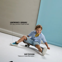 Infographic of a young child on a skateboard, featuring callouts for the zero-drop sole and the shoe's ability to grow up to three sizes. (Sizes S1 & S2)