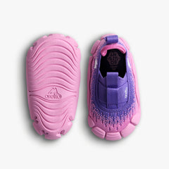 Top-down and pink sole view of Aretto Leaps Pixl kids shoes in Pixel Berry colorway. S1 & S2