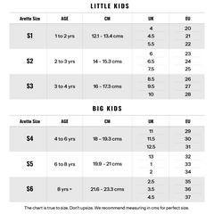 A detailed size guide table for Aretto shoes, mapping sizes S1 through S6 to specific kids' age groups, centimeters, UK, and EU measurements.