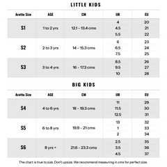 Aretto Kids Adaptive Shoes Size Chart